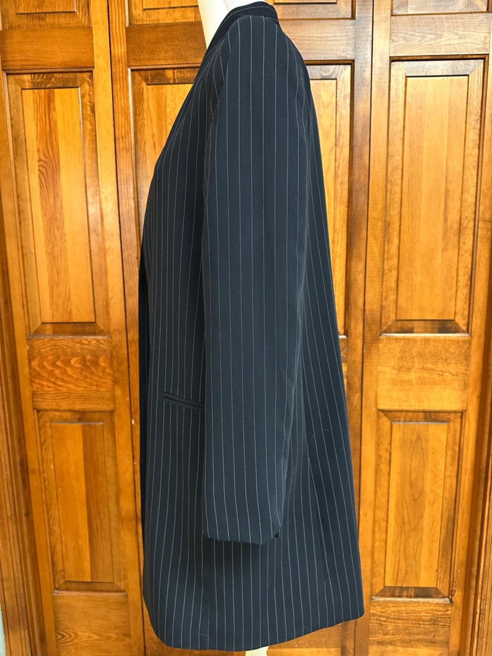 Calvin Klein Black White Pinstripes Longline Open-front Dressy Casual Blazer S8 - Picture 3 of 8